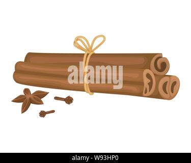 Cinnamon sticks tied with rope, cloves and star anise. Spices for mulled wine. Vector illustration. Stock Vector