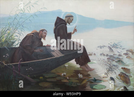 Painting 'Saint Francis of Assisi Preaching to the Fish' by French symbolist painter Edouard Jerôme Paupion (1898) on display in the Museum of Fine Arts and Archaeology (Musée des Beaux-Arts et d'Archéologie de Besançon) in Besançon, France. Stock Photo