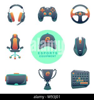 Color Esports icons set. Game tournament. Vector gaming devices on isolated background. Infographic cybersport illustration. Stock Vector