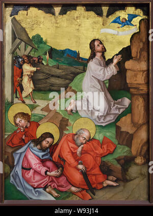 Agony in the Garden. Detail of the altarpiece 'The Childhood and Passion of Christ' dated from around 1480 by German Renaissance painter Martin Schongauer from the Dominican Church in Colmar, now on display in the Unterlinden Museum (Musée Unterlinden) in Colmar, Alsace, France. Stock Photo