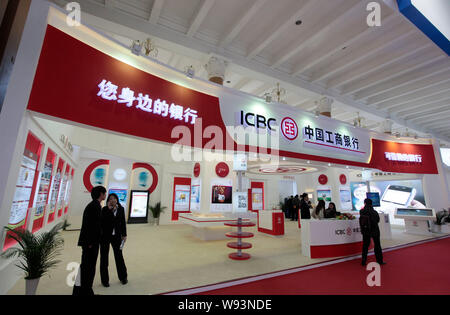 --FILE--People visit the stand of ICBC (Industrial and Commercial Bank of China) during the China International Financial Exhibition 2012 in Beijing, Stock Photo