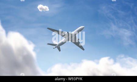 Blank white airplane mockup on sky background, bottom view, depth of field and motion blur, 3d rendering. Empty jetliner flight in heaven mock up. Clear charter airline for voyage template. Stock Photo