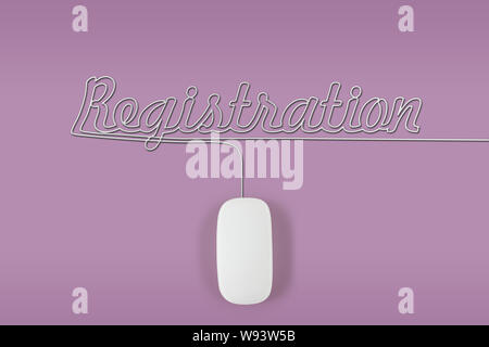 Computer mouse with its wire making a word registration Stock Photo