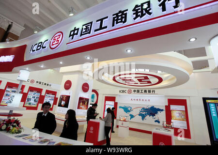 --FILE--People visit the stand of ICBC (Industrial and Commercial Bank of China) during the China International Financial Exhibition 2012 in Beijing, Stock Photo