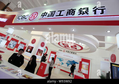 --FILE--People visit the stand of ICBC (Industrial and Commercial Bank of China) during the China International Financial Exhibition 2012 in Beijing, Stock Photo