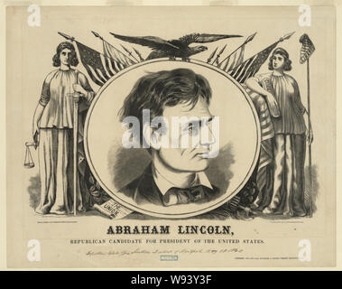 Abraham Lincoln, Republican candidate for president of the United States Abstract: A print for a large campaign banner or poster for Republican presidential candidate Abraham Lincoln. It features a central roundel with a bust portrait of the candidate, flanked by standing deities Justice and Liberty. Justice (left) holds scales and a sword, while Liberty (right) holds the Constitution and a staff with Phrygian cap. An eagle with wings spread perches atop the roundel, behind which are several American flags on pointed staffs. Below the roundel a document The Union and a fasces lie on the ground Stock Photo