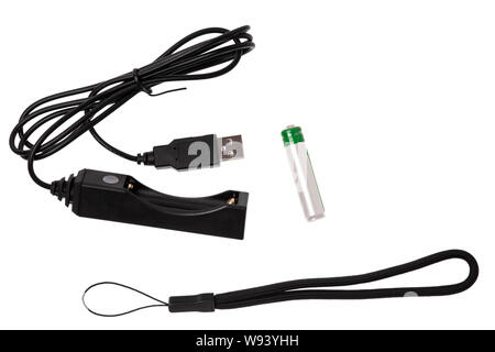 modern black metal flashlight isolated on white background Stock Photo