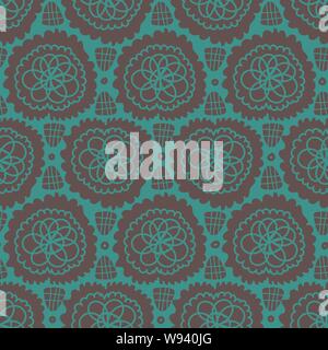 A seamless vector pattern with abstract lacy shapes in teal and brown. Srface print design. Stock Vector
