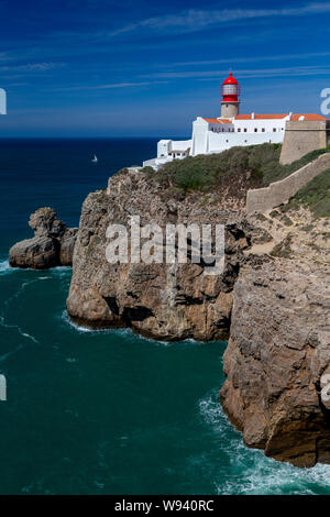 The Lighthouse at Cape St. Vincent or Cabo de Sao Vicente, the southwesternmost point of mainland Europe in Portugal. Stock Photo