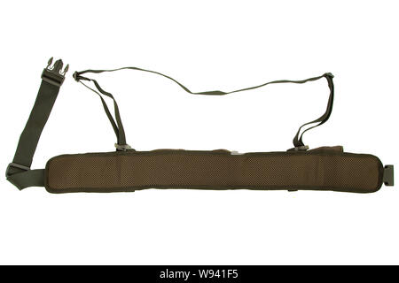 Modern green bandolier isolated on a white background. Accessory for convenient carrying of cartridges on the hunt. Stock Photo