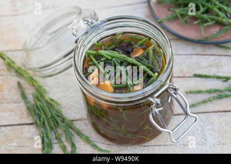 Pickled Samphire, eingelegter Queller, süßsauer eingelegt in Essig, Zucker, Gewürze, , Queller, Europäischer Queller, Salicornes, Meeresspargel, Glass