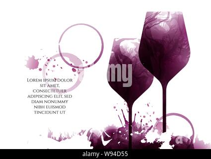 Illustration of two wine glasses with red wine stains, vector. Full glass, no people. Splashes of wine, liquid, drops, circles of glass. Event, party, Stock Vector