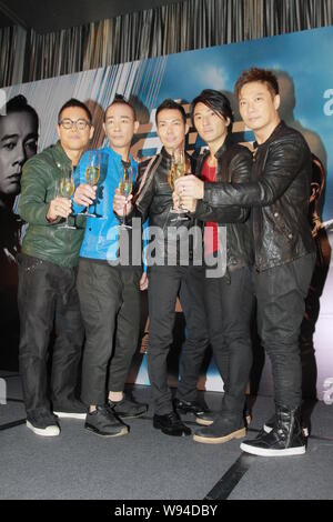 (From left) Hong Kong actor and singer Jerry Lamb, Jordan Chan, Michael Tse, Ekin Cheng and Chin Kar Lok toast during a press conference for their con Stock Photo