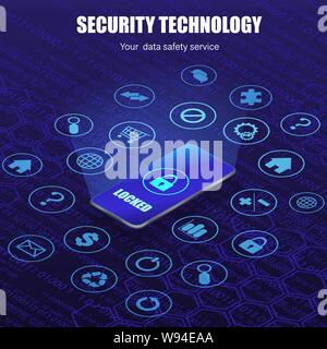 Dark blue digital background with phone, icons and security pulock Stock Vector