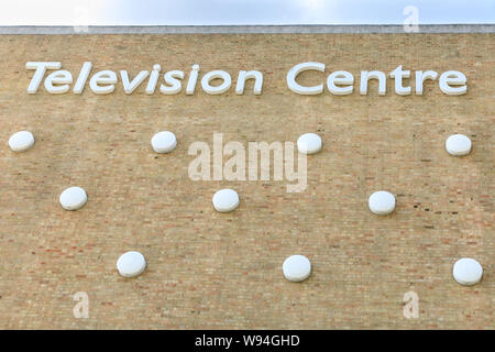 Logo and sign at BBC Television Centre building complex in White City,  previous headquarters of BBC TV, London, UK Stock Photo