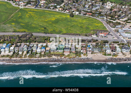 Aerial view of Pacific Coast Highway homes near Los Angeles and Santa Monica in scenic Malibu, California. Stock Photo