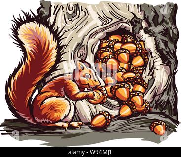 Squirrel saving with a pile of acorns overflowing out of a hole in the tree as the squirrel with a long furry tail holds a single nut close to his che Stock Vector