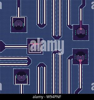 Faces on computer chips on a circuit board depicting hear no, see no and speak no evil Stock Vector