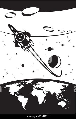 Spaceship travelling between Earth and Mars - vector illustration Stock Vector