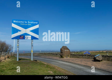 Welcome to Scotland, Scottish Border sign at the Anglo-Scottish border, Scotland, United Kingdom - 2019 Stock Photo