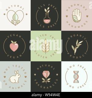 Set of eco,healthy,natural emblems, logos for product packaging,natural organic food and drink icons,labels for restaurant menu,packing.Handmade, glut Stock Vector