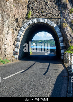 Black Arc tunnel  with rockfall, landslide net protection and Causeway Coastal Route. Scenic coast road in County Antrim, Northern Ireland
