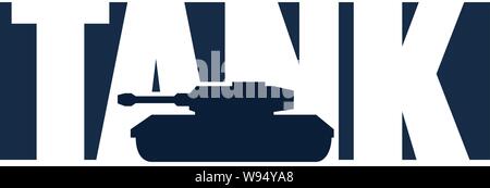 Graphic image of a tank silhouette over the word tank reversed out of a horizontal dark rectangle Stock Vector
