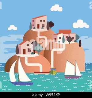 Holiday cottages or villas sit on top of hills, surrounded by water with sail boats and a bright blue sky with clouds Stock Vector