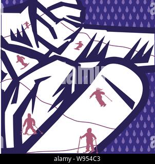 Snowboarder figure on a tree patterned blue-green background with a mountain and other skiers imposed on top Stock Vector