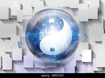 Yin Yang symbol is contained inside of glass sphere Stock Photo