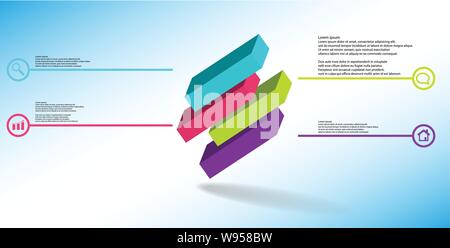 3D illustration infographic template. The embossed cube is horizontally divided to four shifted parts. Object is askew arranged on blue white backgrou Stock Vector
