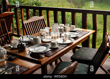 Wooden desk after morning breakfast - remains on plates and coffee cups, butts in ashtray, half empty milk jug, blurred green foliage in background - Stock Photo