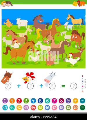 Cartoon Illustration of Educational Mathematical Counting and Addition Game for Children with Funny Farm Animal Characters Stock Vector