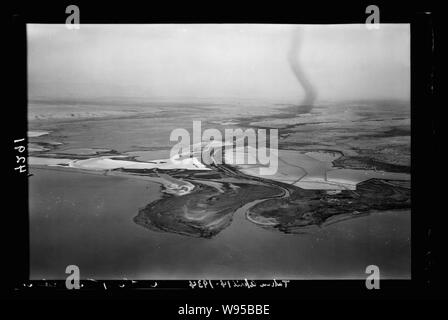 Air views of Palestine. North end of Dead Sea. Mouth of the Jordan. Close view looking up stream, northward Stock Photo