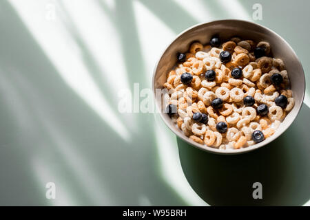 Healthy breakfast with milk,muesli and fruit. wheat flakes mixed with blueberries, served in a white ceramic bowl for a healthy nutritious meal Stock Photo