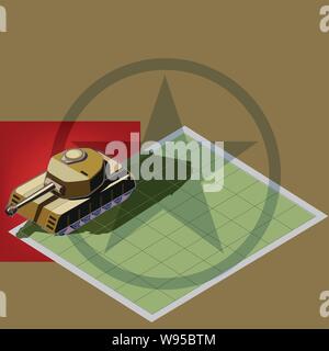 Military tank driving over a topographical map with circle & star over top Stock Vector