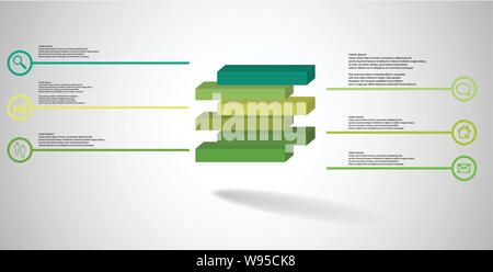 3D illustration infographic template. The embossed cube is horizontally divided to six shifted color parts. Object is arranged on grey white backgroun Stock Vector
