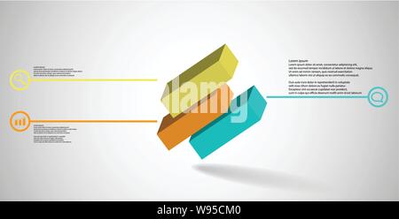 3D illustration infographic template. The embossed cube is horizontally divided to three shifted parts. Object is askew arranged on grey white backgro Stock Vector