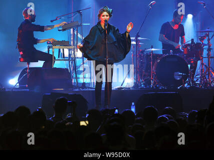 Members of Swedish rock band The Cardigans perform during their concert in Taipei, Taiwan, 16 August 2012. Stock Photo