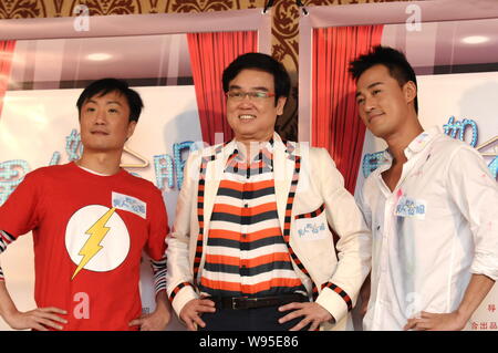(From Left) Hong Kong singer and actor Ronald Cheng, Hong Kong actor and director Wong Bak-Ming and Hong Kong actor Raymond Lam pose at a movies press Stock Photo