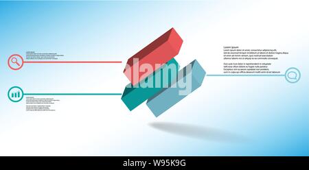 3D illustration infographic template. The embossed cube is horizontally divided to three shifted parts. Object is askew arranged on blue white backgro Stock Vector