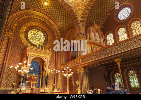 Remarkable beautiful golden interior view of Spanish Synagogue, influenced by moorish interior design in Alhambra, at Jewish Town. Stock Photo