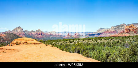 Sedona Arizona southwest US of America. Panoramic view of red orange color rock formations, desert sandstone landscape, clear blue sky, sunny spring d Stock Photo