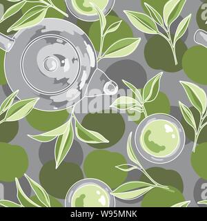 Green Tea Leaves,Tea Cup and Pot. Matcha Graphic Pattern on Grey Background with Dots. Artistic Seamless Pattern Stock Vector