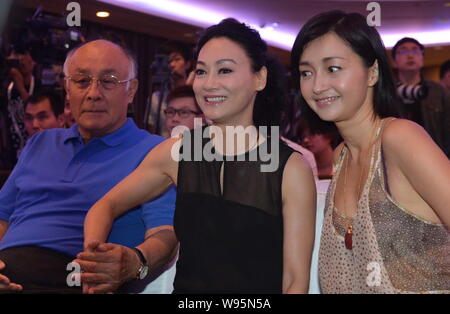 From left, Chinese actor Xu Huanshan, Hong Kong actress Kara Hui and Theresa Lee attend at the press conference for their new film, Red River Valley, Stock Photo