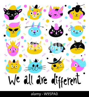 Cool design with vector characters of cats and kittens with motivational text. Stock Vector
