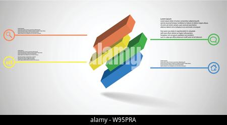 3D illustration infographic template. The embossed cube is horizontally divided to four shifted parts. Object is askew arranged on grey white backgrou Stock Vector