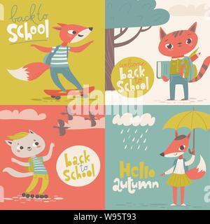 Set of four vector welcome back to school designs with cartoon animals. Stock Vector