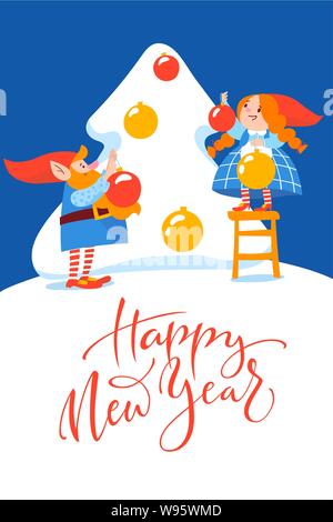Christmas poster vector design with cartoon gnomes decorating Christmas tree Stock Vector
