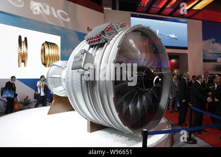 A model of the CJ-1000A high-bypass-ratio turbofan engine is displayed ...